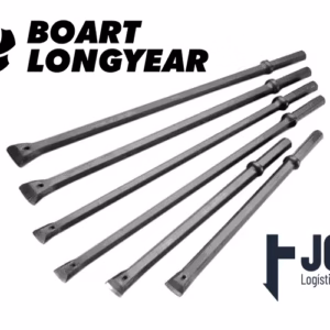 Barreno integral Boart Longyear Hex22 Serie 11, acero color negro mate con protector plastico naranja en culatin, espiga y cabeza, vista frontal sobre fondo neutro